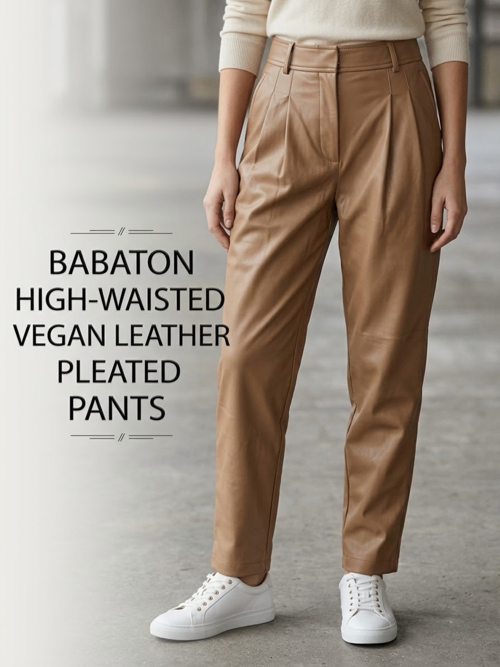 Babaton High-Waisted Vegan Leather Pleated Pants - Tan